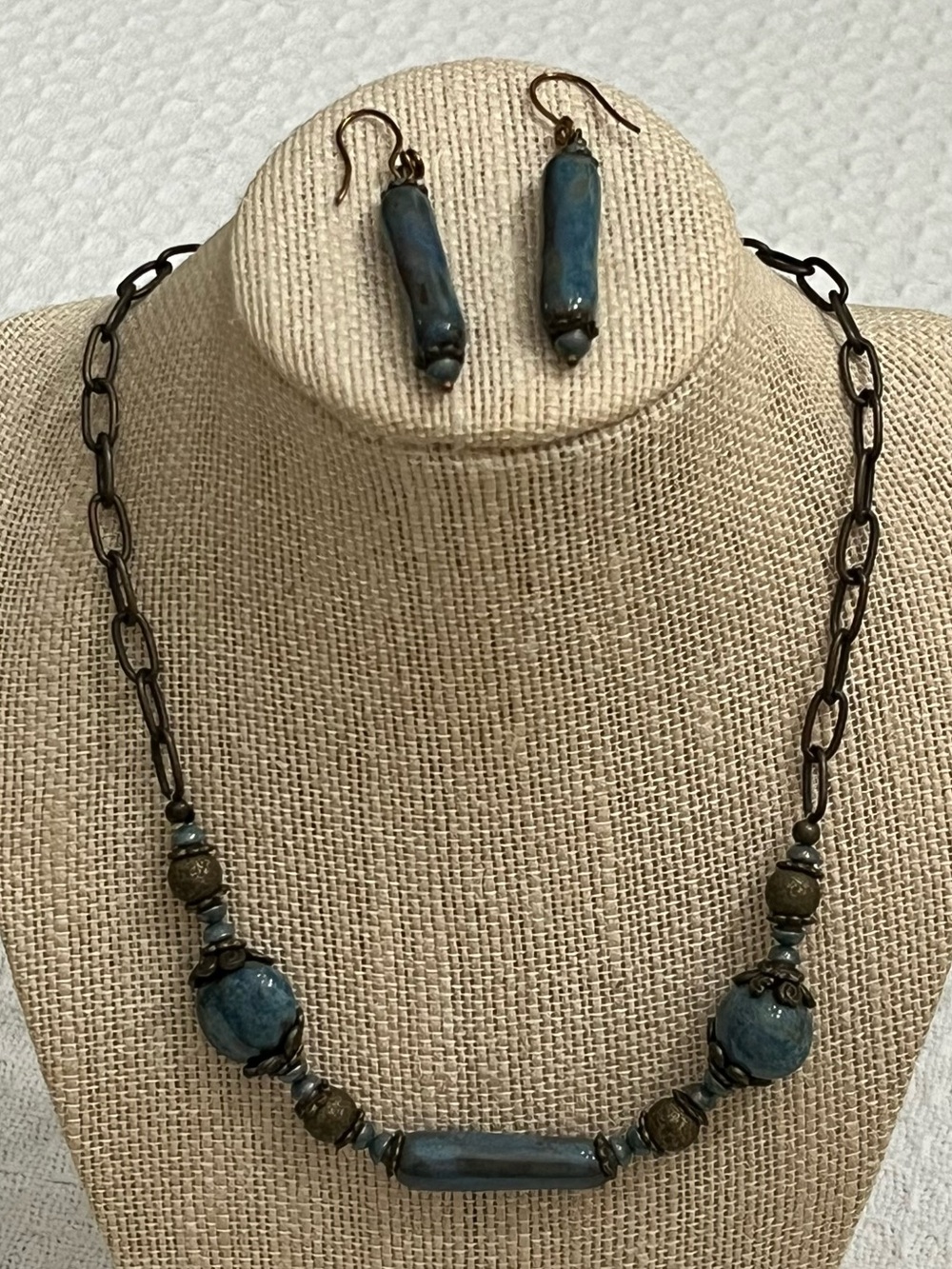 Handmade Blue Ceramic Bead Necklace & Earrings Set
